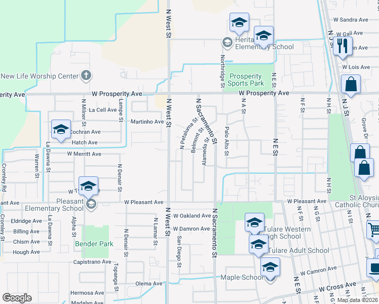 map of restaurants, bars, coffee shops, grocery stores, and more near 1036 N Petaluma St in Tulare