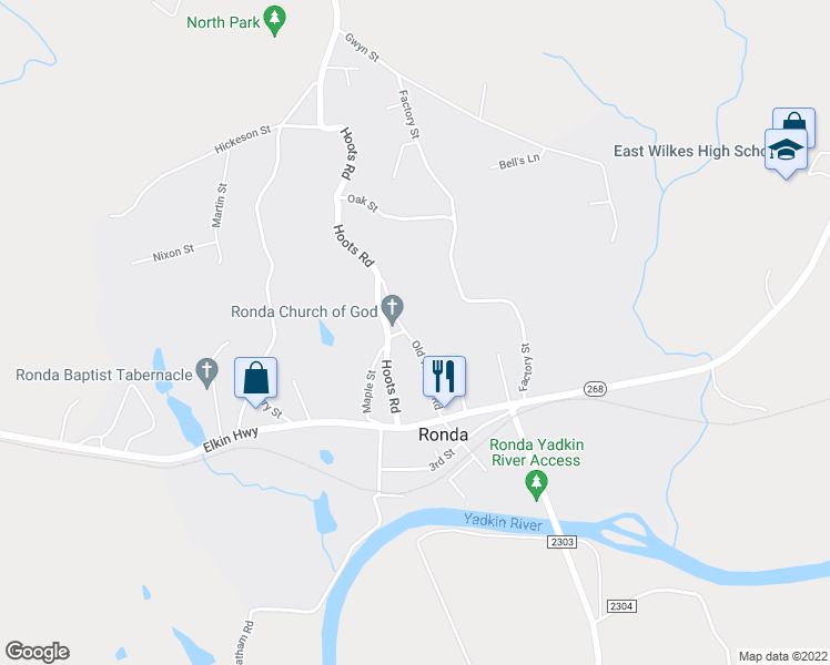 map of restaurants, bars, coffee shops, grocery stores, and more near 306 Old Traphill Road in Ronda