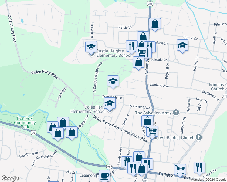 map of restaurants, bars, coffee shops, grocery stores, and more near 131 WJB Pride Lane in Lebanon