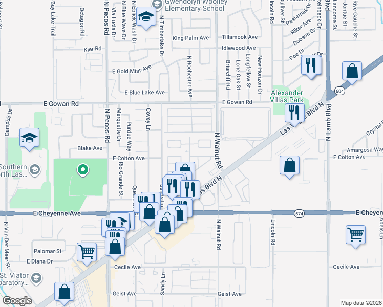 map of restaurants, bars, coffee shops, grocery stores, and more near 3401 North Walnut Road in Las Vegas