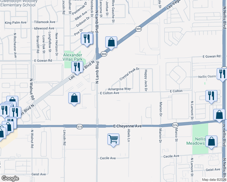 map of restaurants, bars, coffee shops, grocery stores, and more near 4352 Amargosa Way in Las Vegas