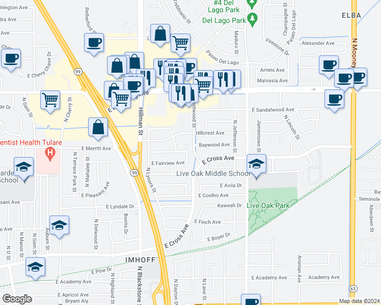 map of restaurants, bars, coffee shops, grocery stores, and more near 1078 North Greenwood Street in Tulare