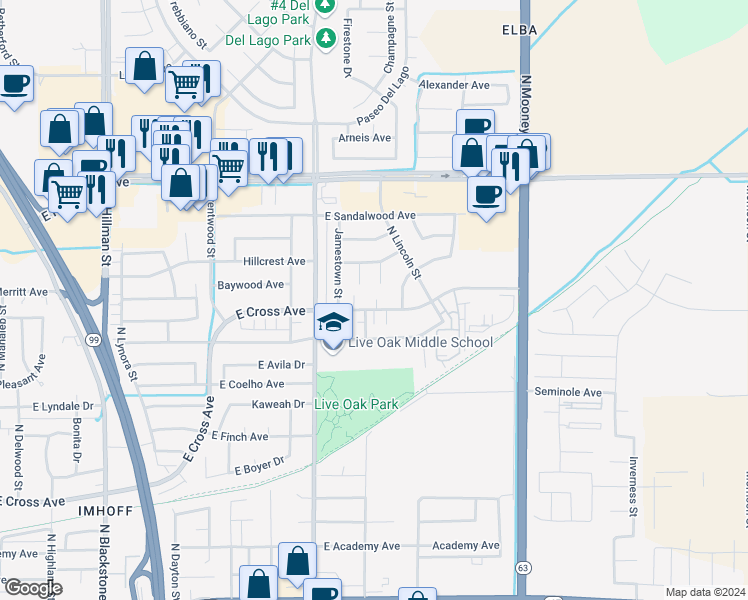 map of restaurants, bars, coffee shops, grocery stores, and more near 1820 East Cross Avenue in Tulare