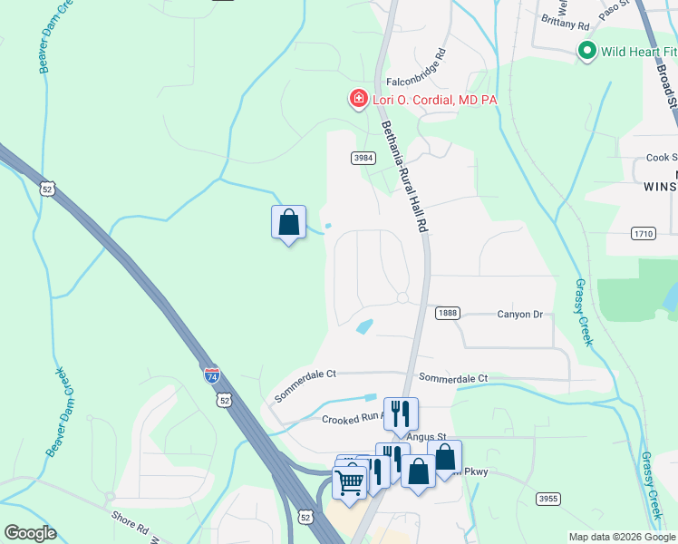 map of restaurants, bars, coffee shops, grocery stores, and more near 1019 Bitting Hall Circle in Rural Hall