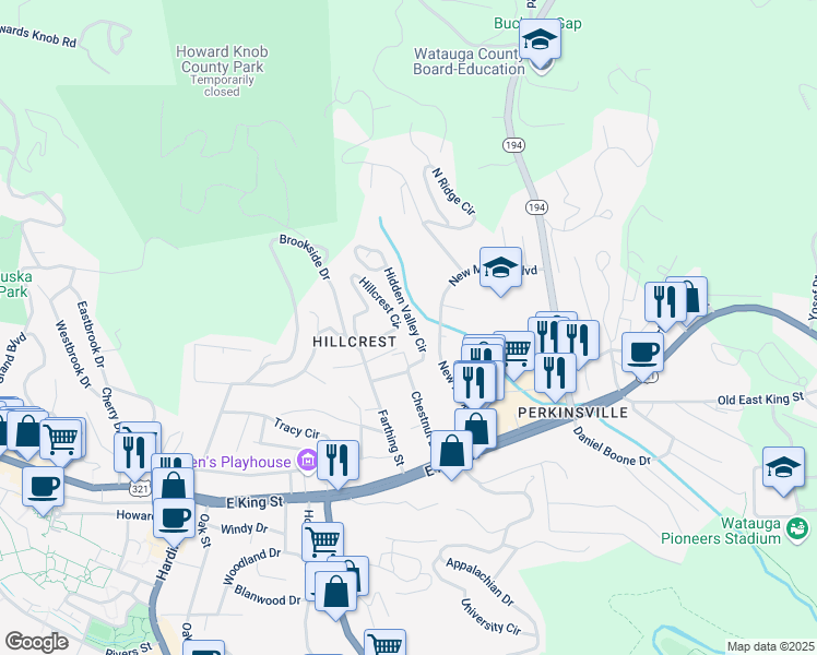 map of restaurants, bars, coffee shops, grocery stores, and more near 247 Hidden Valley Circle in Boone