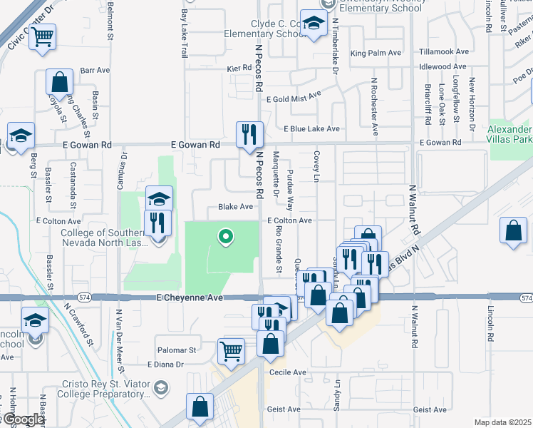 map of restaurants, bars, coffee shops, grocery stores, and more near 3420 North Pecos Road in Las Vegas