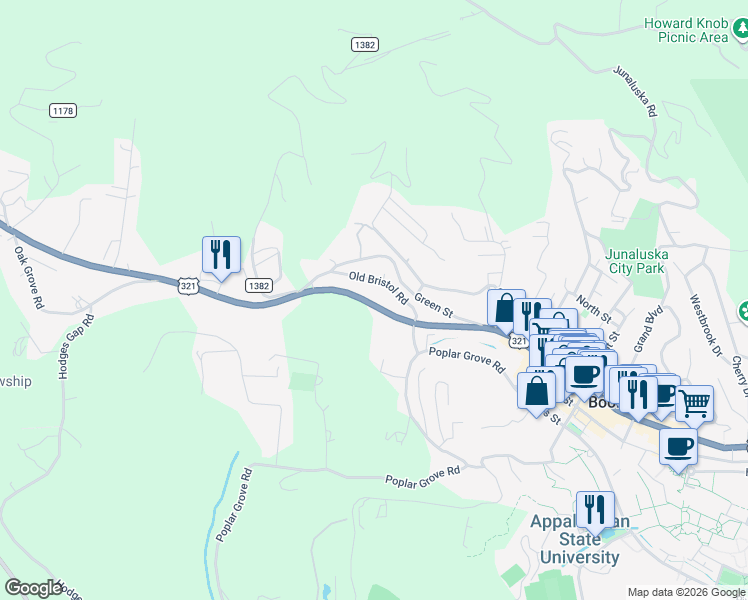 map of restaurants, bars, coffee shops, grocery stores, and more near 1220 West King Street in Boone
