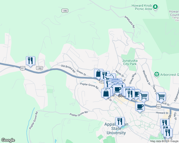 map of restaurants, bars, coffee shops, grocery stores, and more near 555 Queen Street in Boone