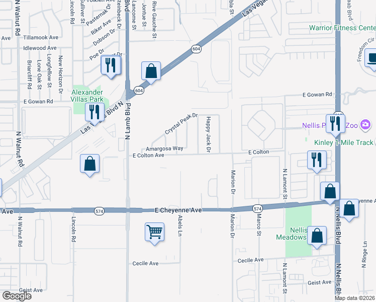 map of restaurants, bars, coffee shops, grocery stores, and more near 4539 Amargosa Way in Las Vegas