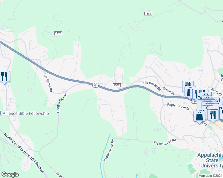 map of restaurants, bars, coffee shops, grocery stores, and more near 1552 West King Street in Boone