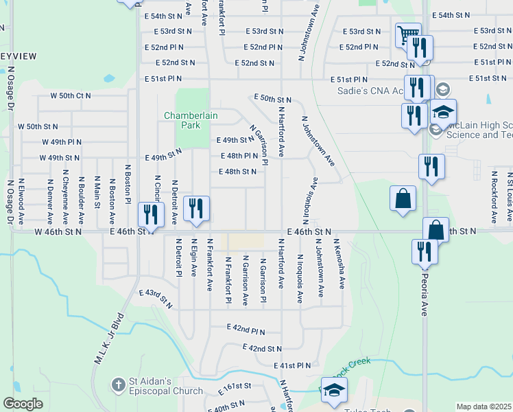 map of restaurants, bars, coffee shops, grocery stores, and more near 648 East 46th Street North in Tulsa