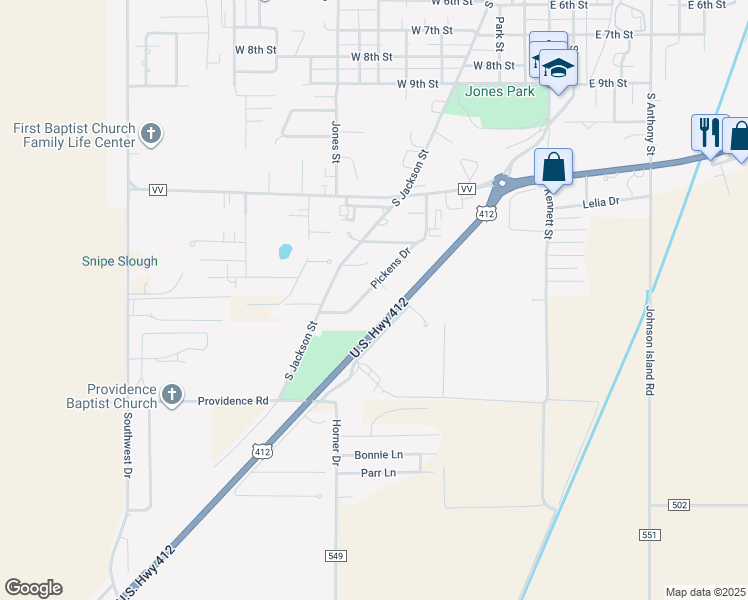 map of restaurants, bars, coffee shops, grocery stores, and more near 1502 Pickens Drive in Kennett