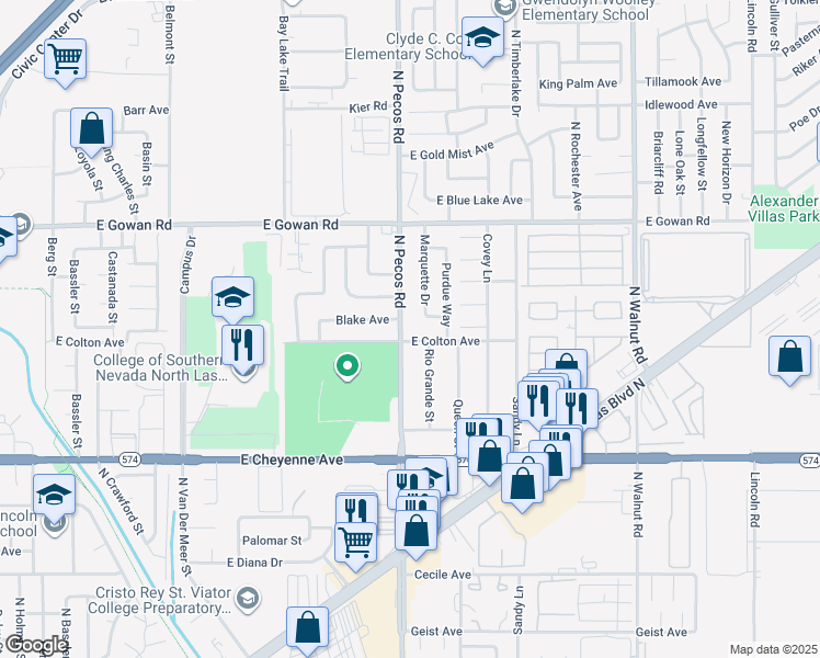 map of restaurants, bars, coffee shops, grocery stores, and more near 3420 North Pecos Road in Las Vegas