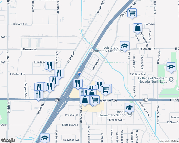 map of restaurants, bars, coffee shops, grocery stores, and more near 2112 Sun Avenue in North Las Vegas