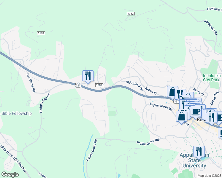 map of restaurants, bars, coffee shops, grocery stores, and more near 1395 West King Street in Boone