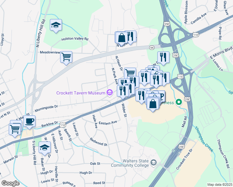 map of restaurants, bars, coffee shops, grocery stores, and more near 2126 Morningside Dr in Morristown