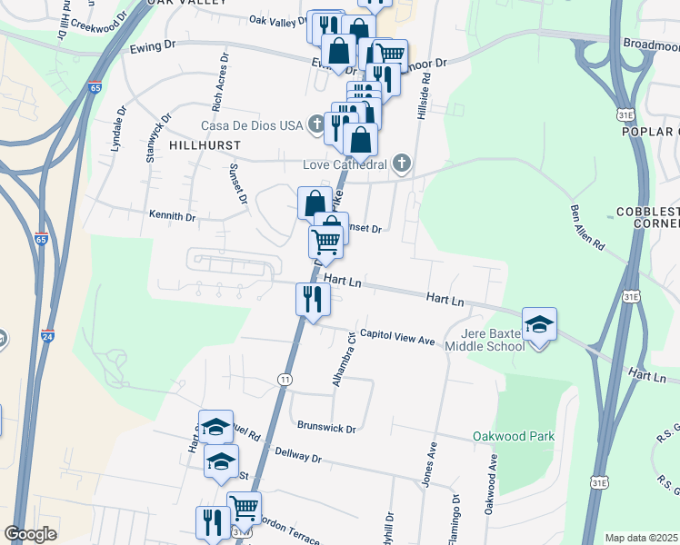 map of restaurants, bars, coffee shops, grocery stores, and more near 107C Hart Lane in Nashville