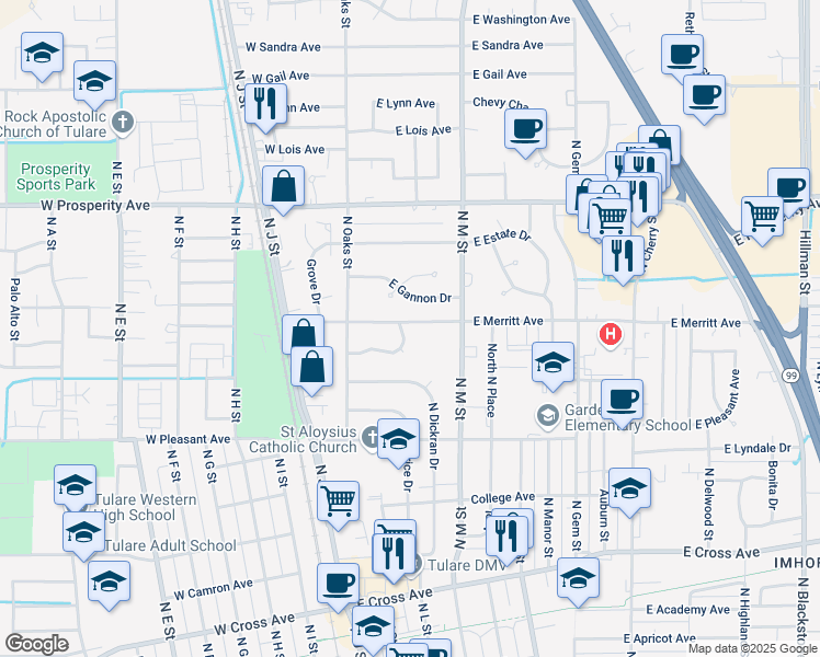 map of restaurants, bars, coffee shops, grocery stores, and more near 221 East Woodward Drive in Tulare
