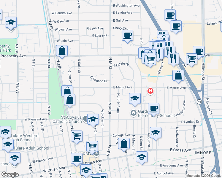 map of restaurants, bars, coffee shops, grocery stores, and more near 311 East Merritt Avenue in Tulare