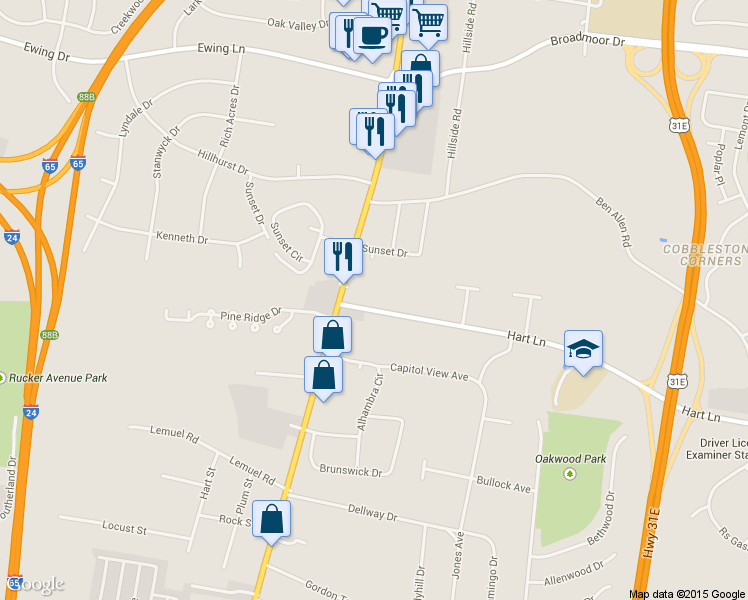 map of restaurants, bars, coffee shops, grocery stores, and more near 105 Hart Ln in Nashville