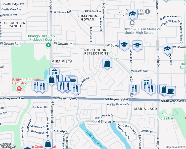 map of restaurants, bars, coffee shops, grocery stores, and more near 8101 Amersham Avenue in Las Vegas