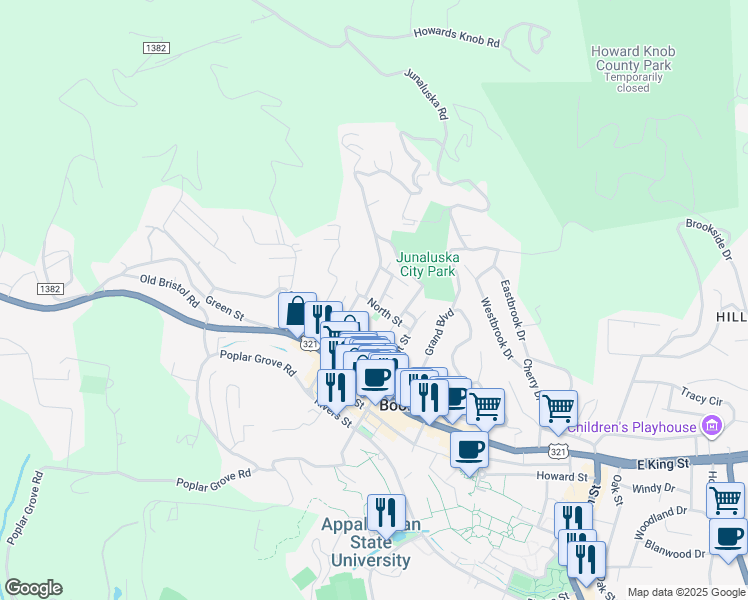 map of restaurants, bars, coffee shops, grocery stores, and more near 214 North Street in Boone