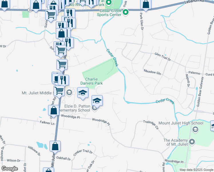 map of restaurants, bars, coffee shops, grocery stores, and more near 201 Willow Creek Drive in Mt. Juliet