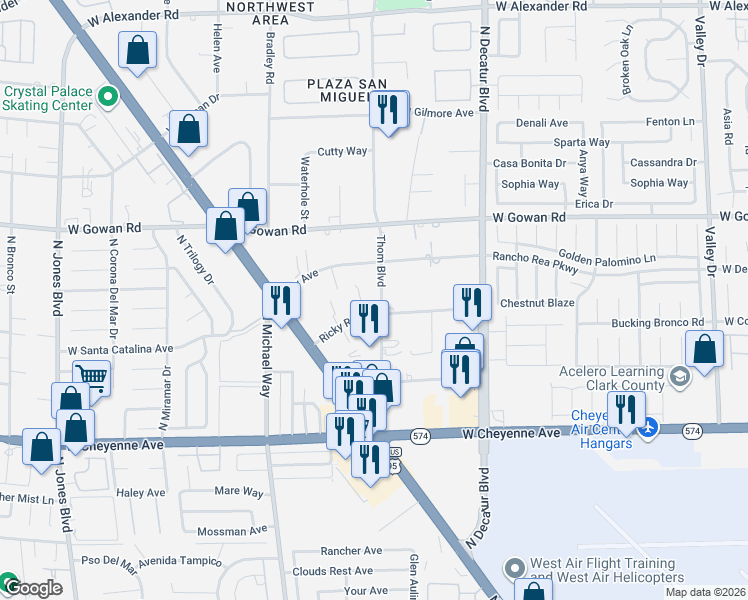 map of restaurants, bars, coffee shops, grocery stores, and more near 3405 Thom Boulevard in Las Vegas