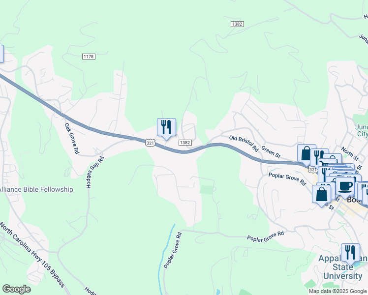 map of restaurants, bars, coffee shops, grocery stores, and more near 1520 West King Street in Boone