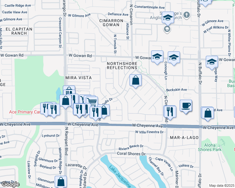 map of restaurants, bars, coffee shops, grocery stores, and more near 8101 Amersham Avenue in Las Vegas