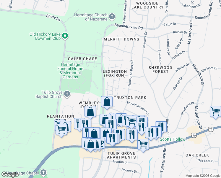 map of restaurants, bars, coffee shops, grocery stores, and more near 334 Thunder Place in Nashville
