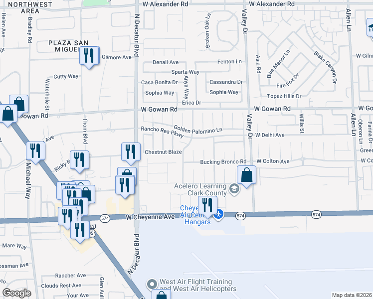 map of restaurants, bars, coffee shops, grocery stores, and more near 3431 White Stallion Court in North Las Vegas