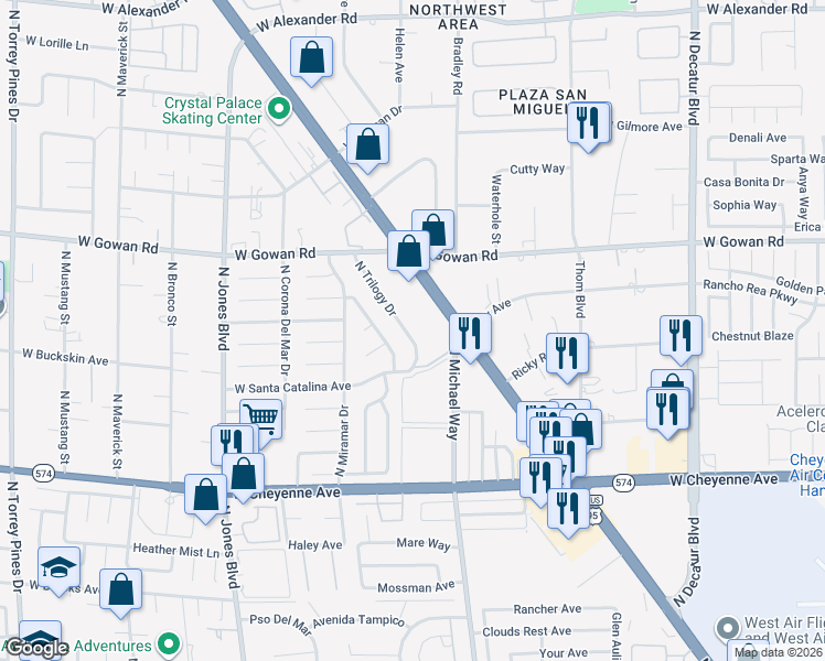 map of restaurants, bars, coffee shops, grocery stores, and more near 3440 North Trilogy Drive in Las Vegas
