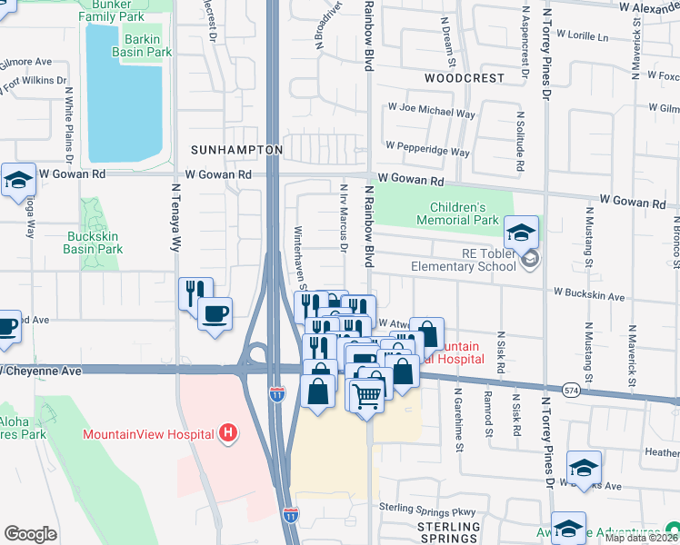 map of restaurants, bars, coffee shops, grocery stores, and more near 6801 West Neepawa Circle in Las Vegas