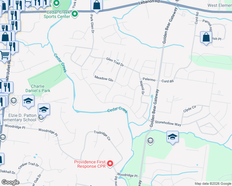 map of restaurants, bars, coffee shops, grocery stores, and more near 6019 Tivoli Trail in Mt. Juliet