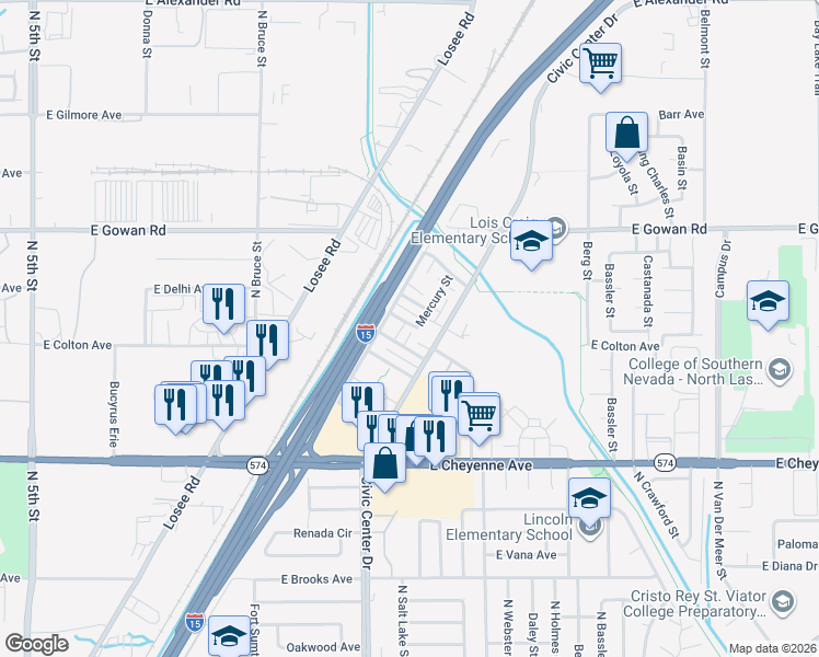 map of restaurants, bars, coffee shops, grocery stores, and more near 2112 Sun Avenue in North Las Vegas