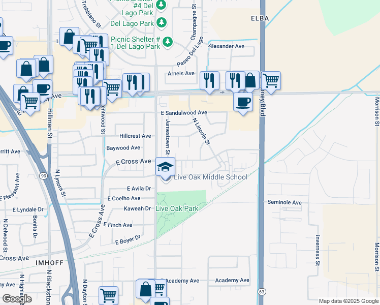 map of restaurants, bars, coffee shops, grocery stores, and more near 1130 North Heritage Court in Tulare
