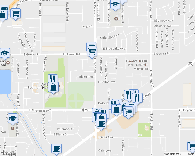 map of restaurants, bars, coffee shops, grocery stores, and more near 3430 North Pecos Road in Las Vegas