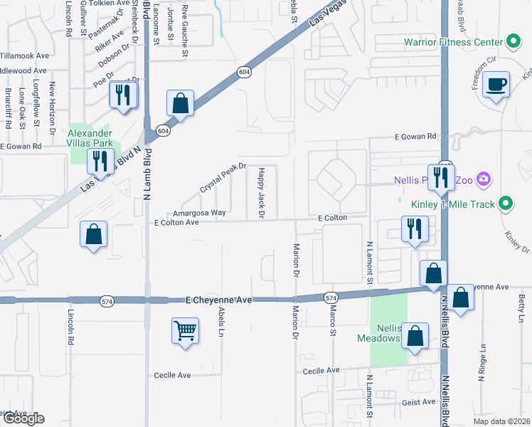 map of restaurants, bars, coffee shops, grocery stores, and more near 3410 Happy Jack Drive in Las Vegas