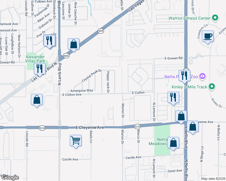map of restaurants, bars, coffee shops, grocery stores, and more near 3411 Cactus Springs Drive in Las Vegas