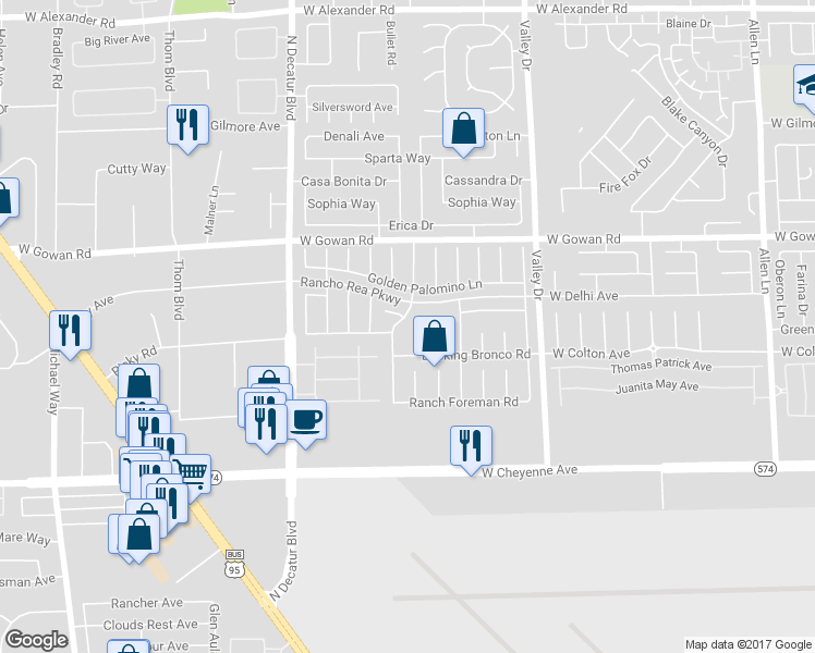 map of restaurants, bars, coffee shops, grocery stores, and more near 3431 White Stallion Court in North Las Vegas