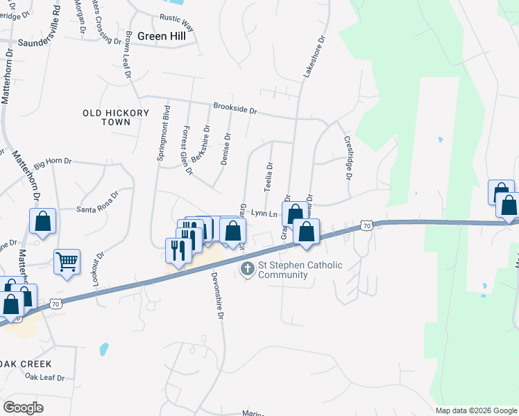 map of restaurants, bars, coffee shops, grocery stores, and more near 103 Lynn Lane in Green Hill