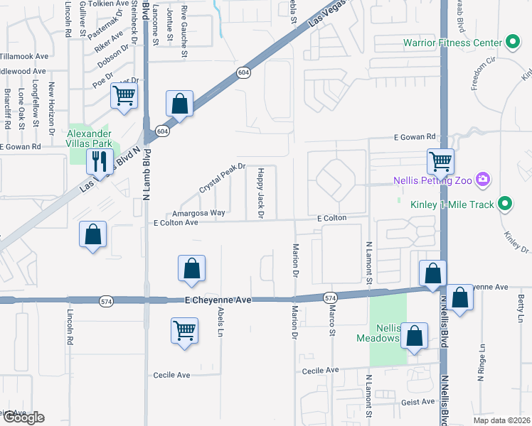 map of restaurants, bars, coffee shops, grocery stores, and more near 3410 Happy Jack Drive in Las Vegas