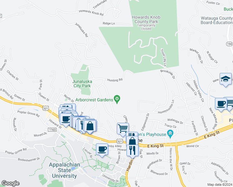 map of restaurants, bars, coffee shops, grocery stores, and more near 205 Evergreen Lane in Boone