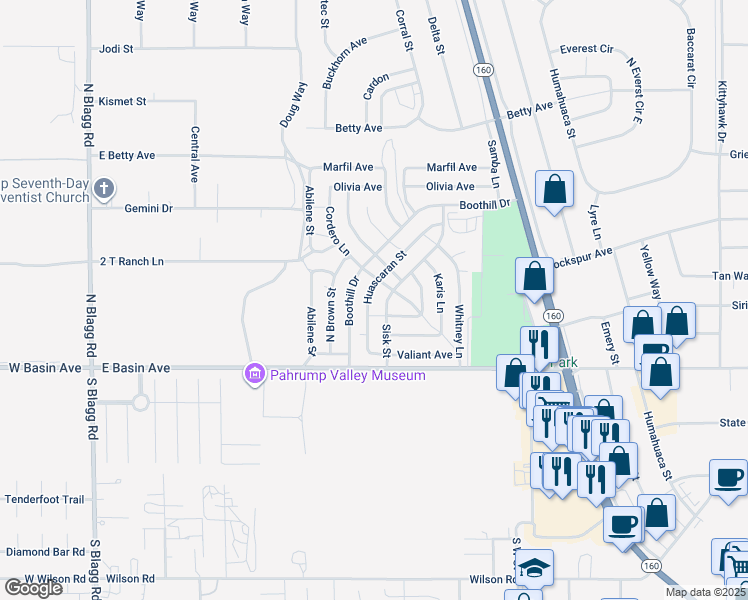 map of restaurants, bars, coffee shops, grocery stores, and more near 151 Huascaran Street in Pahrump
