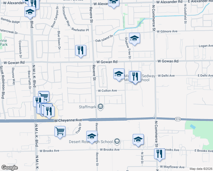 map of restaurants, bars, coffee shops, grocery stores, and more near 704 Old Moccasin Avenue in North Las Vegas
