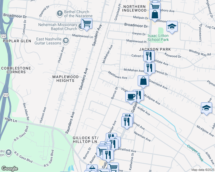 map of restaurants, bars, coffee shops, grocery stores, and more near 916 Virginia Avenue in Nashville