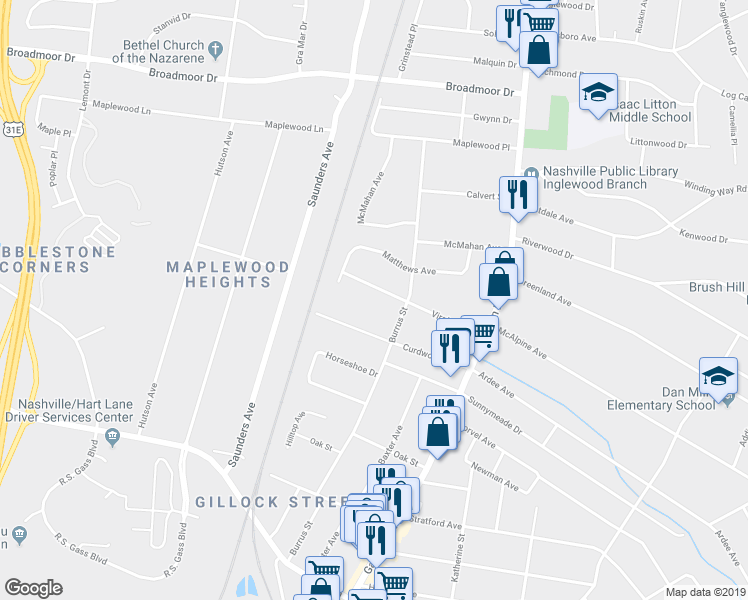 map of restaurants, bars, coffee shops, grocery stores, and more near 916A Virginia Avenue in Nashville