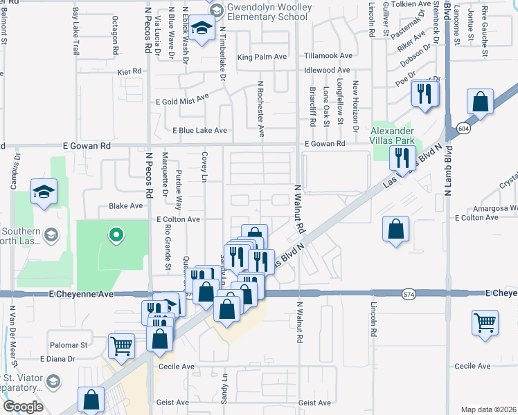 map of restaurants, bars, coffee shops, grocery stores, and more near 3401 North Walnut Road in Las Vegas