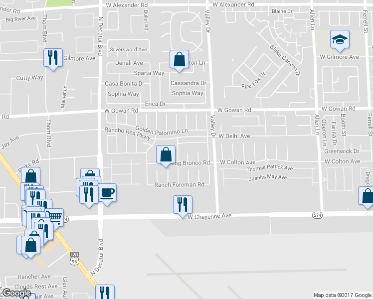 map of restaurants, bars, coffee shops, grocery stores, and more near 3423 Bosal Court in North Las Vegas